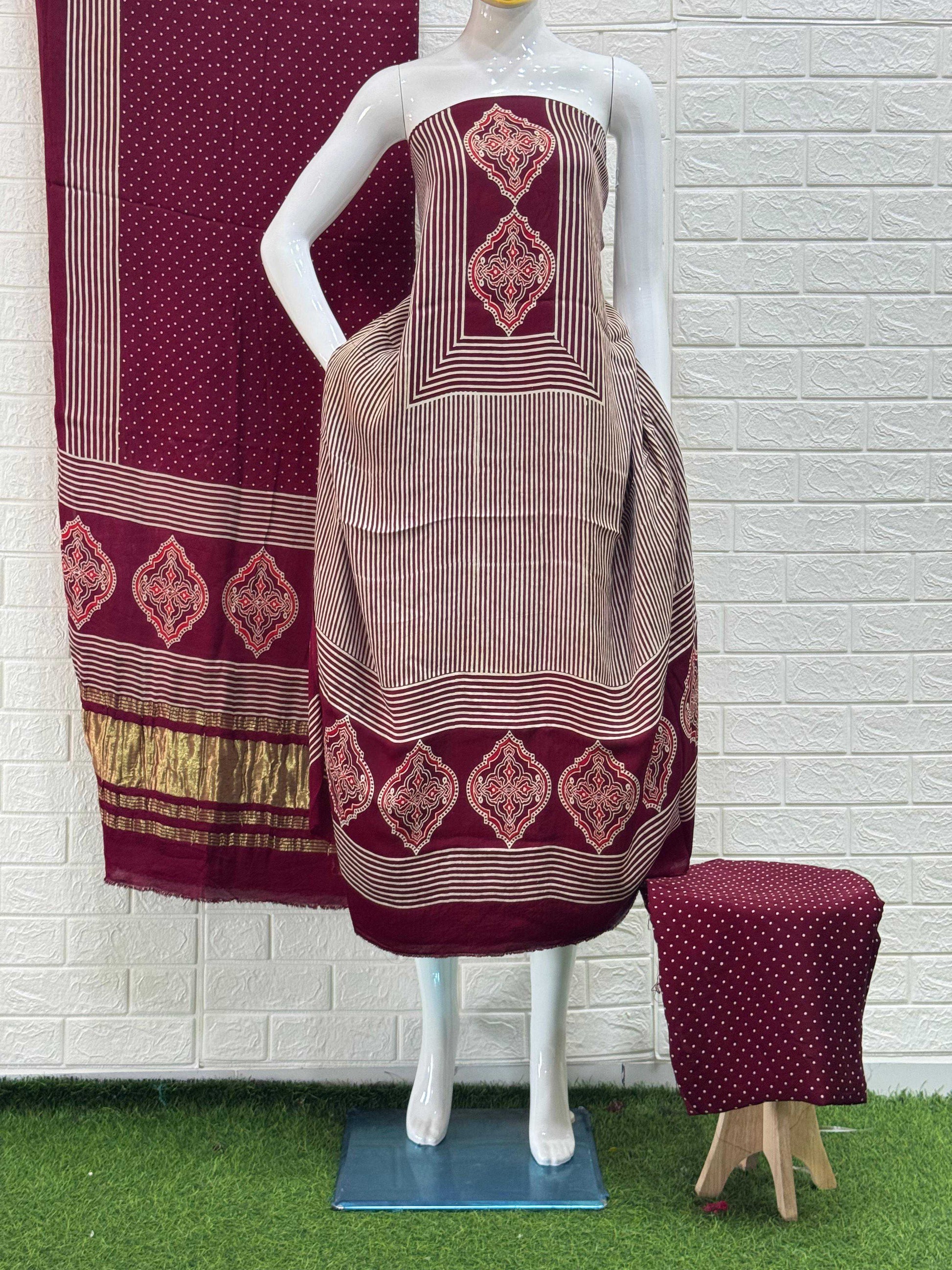 Pure Modal Silk maroon Ajrakh Hand Block Print Neptol Dye 3 Pice Suit