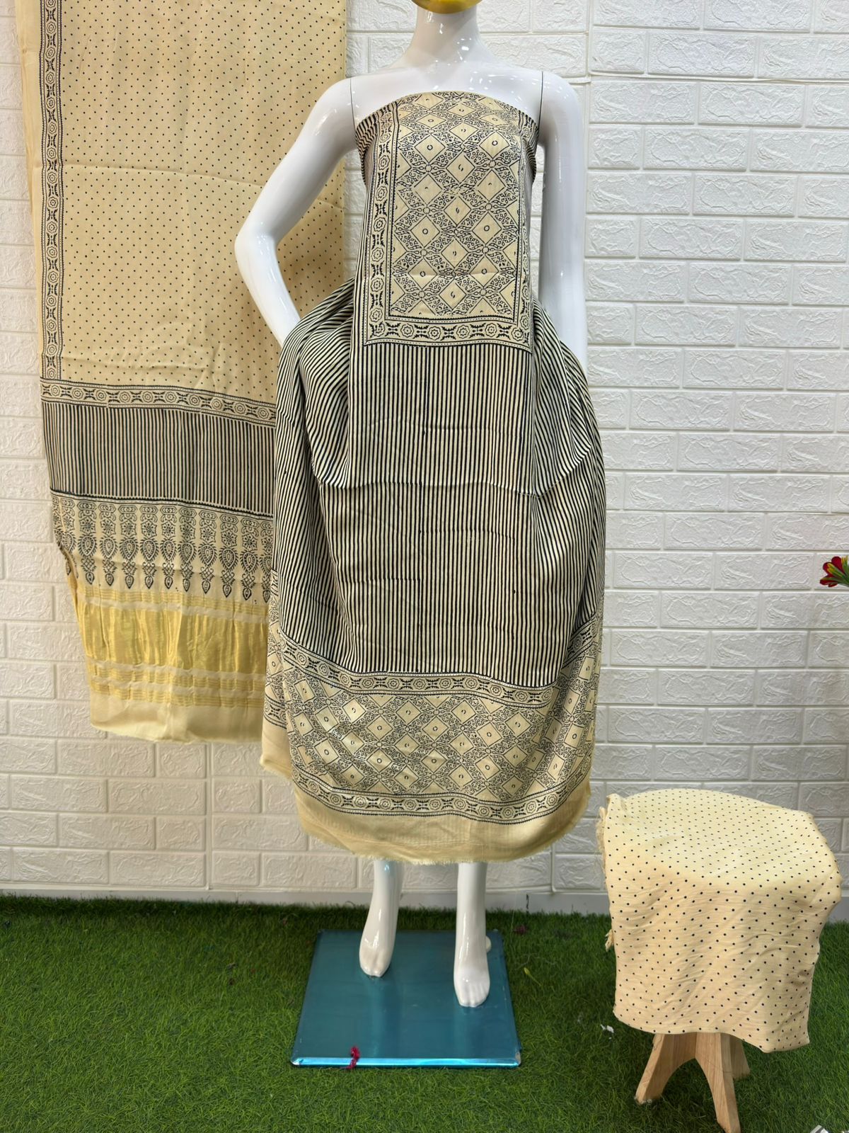 Modal Silk Ajrakh Hand Block Print 3 Piece Suit – Zari Pallu Dupatta