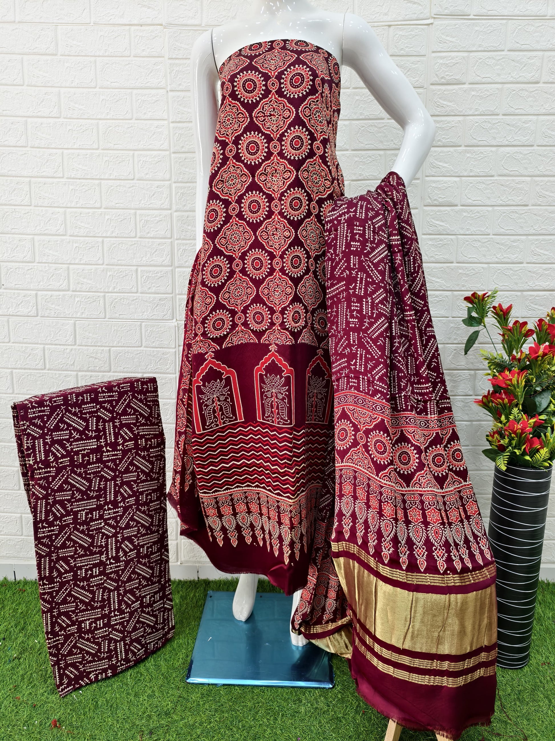 Pure Modal Silk Maroon Ajrakh Hand Block Print Neptol Dye 3 Pice Suit