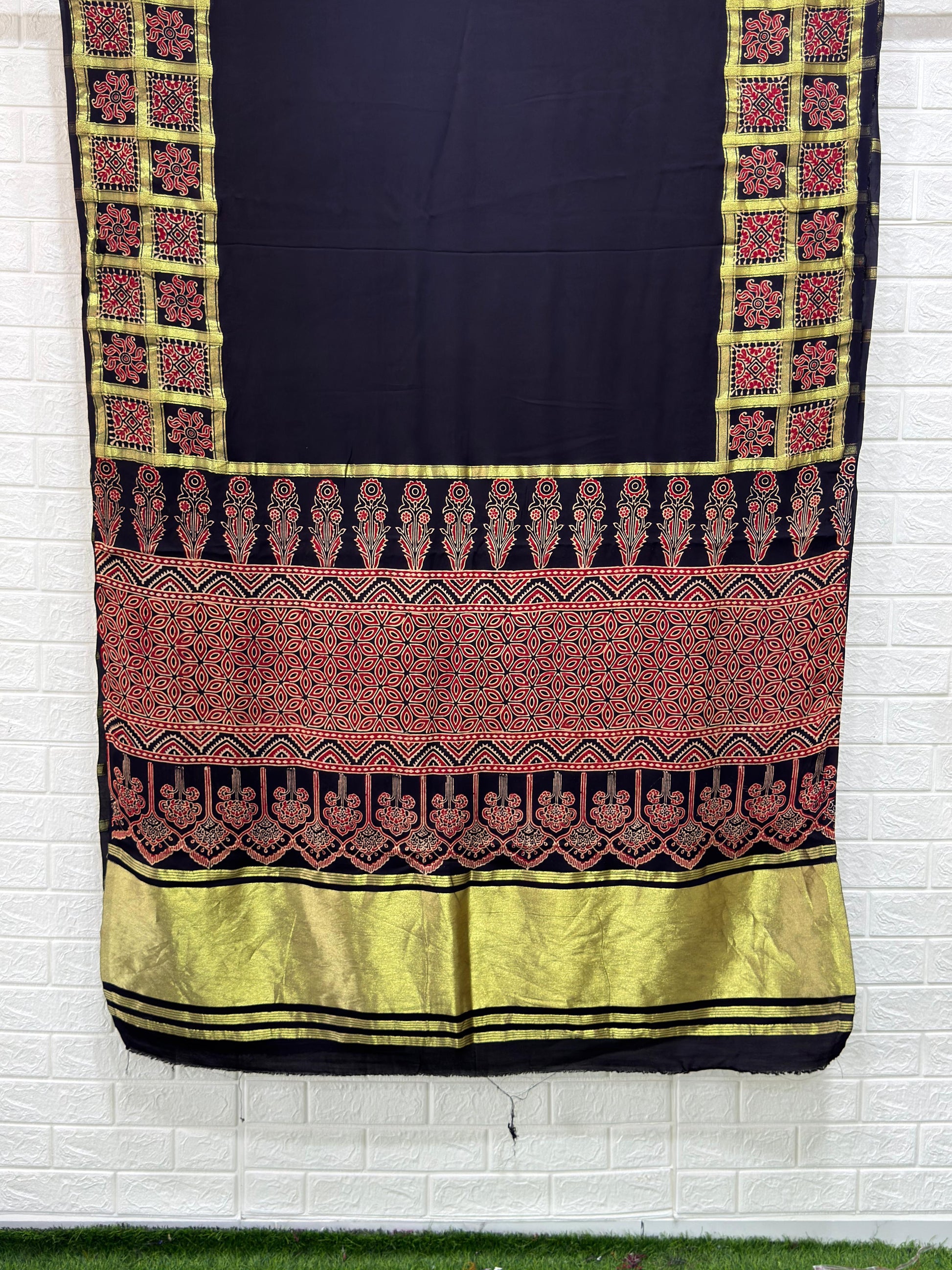 Ajrakh Hand Block Print Neptol Dye Saree with Zari Pallu