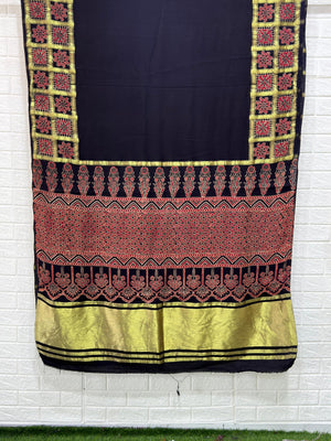 Ajrakh Hand Block Print Neptol Dye Saree with Zari Pallu