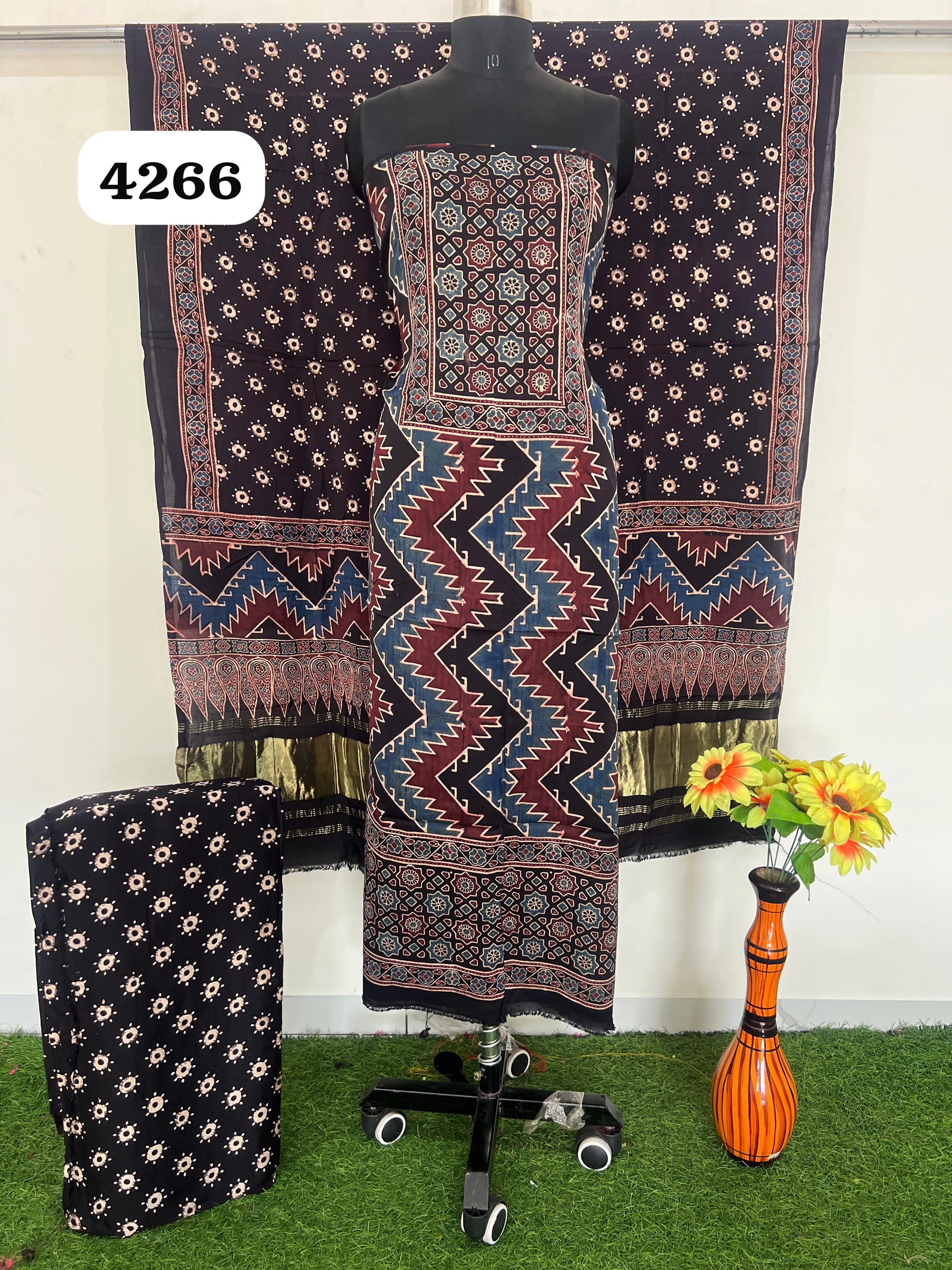 Pure Modal Silk Ajrakh Hand  Block print Nechral Dye 3 Pice Suit